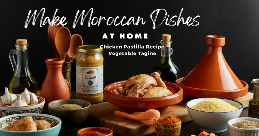 A visually appealing layout featuring ingredients and dishes for making Moroccan food at home, including chicken pastilla and vegetable tagine, with spices, garlic, and a tajine pot arranged on a kitchen countertop.