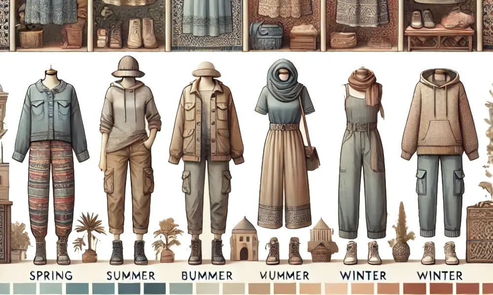 Variety of seasonal clothing suitable for Morocco, including lightweight layers for spring, breathable dresses for summer, warm jackets for winter, and transitional fall attire with a Moroccan-inspired background.