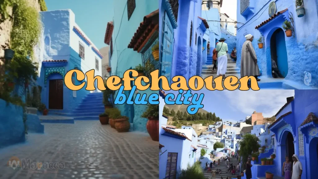 A collage showcasing the picturesque streets of Chefchaouen, known as the Blue City in Morocco. The images feature narrow lanes lined with blue-painted buildings, local residents, potted plants, and cobblestone pathways, capturing the city's unique charm and vibrant atmosphere.