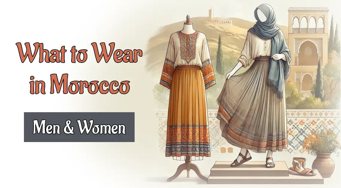 Modest, stylish outfit for women visiting Morocco, featuring a lightweight long-sleeve blouse, flowy skirt, and scarf, set against a Moroccan-inspired background with subtle mosaic elements.