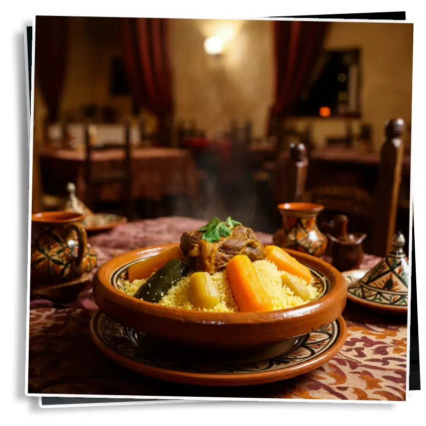 A beautifully presented plate of Moroccan couscous, featuring fluffy grains topped with colorful vegetables and chickpeas, showcasing the essence of traditional Moroccan cuisine.