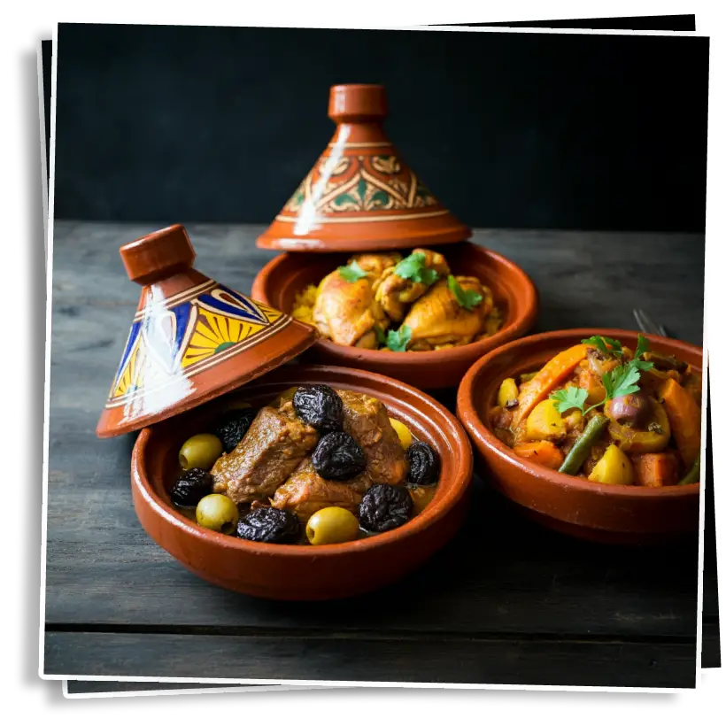 A traditional Moroccan tajine pot filled with a flavorful stew, featuring tender meat and assorted vegetables, demonstrating the rich culinary heritage of Morocco.