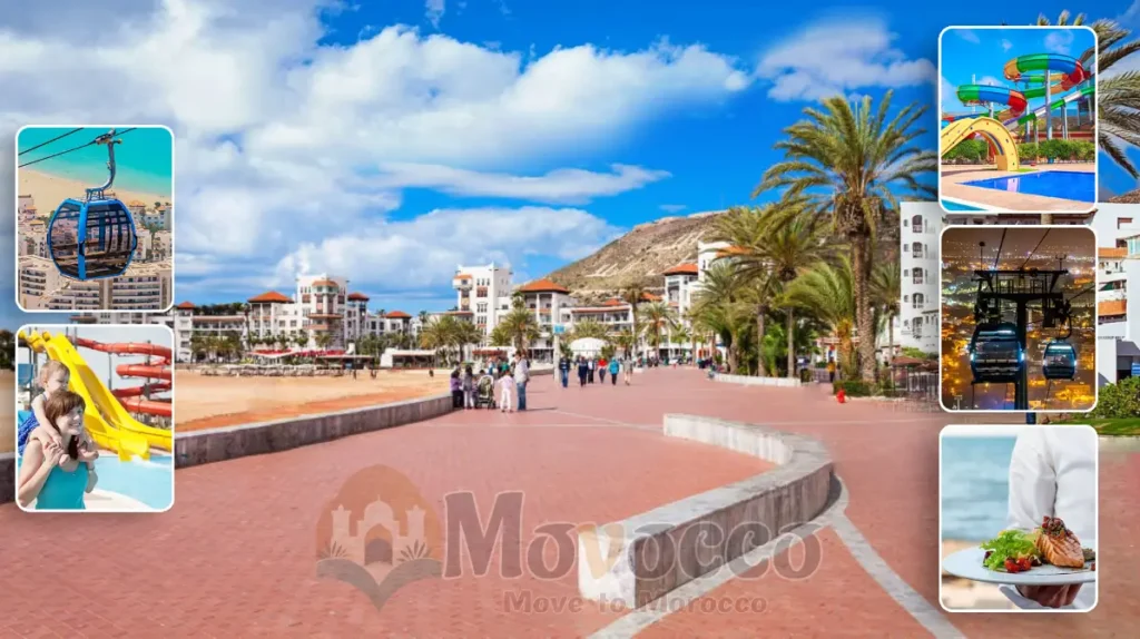 A panoramic shot of Agadir Beach and Seafront Promenade, showing golden sands, palm trees, and a clear blue sky with people enjoying the scene.