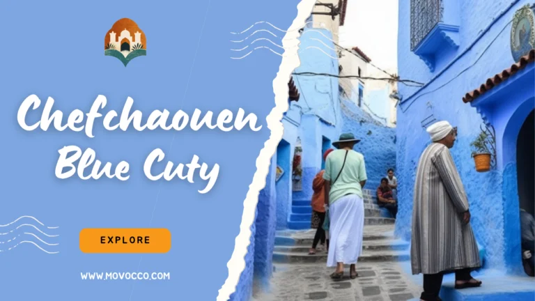 Street view of Chefchaouen, the Blue City in Morocco, featuring traditional blue-painted buildings and people in traditional attire walking through a narrow, vibrant alley.