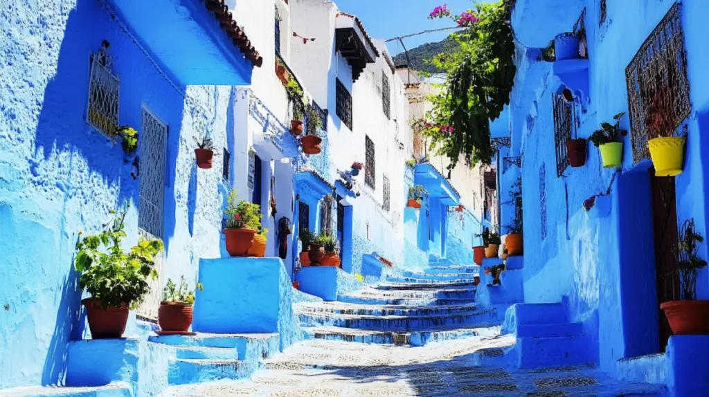 shows a vibrant street in Chefchaouen, Morocco, known as the "Blue City." The scene features a narrow, winding path lined with buildings painted in various shades of blue and white. Clay pots filled with green plants and flowers are scattered along the steps and window sills, adding a touch of color. Sunlight casts shadows, highlighting the texture of the painted walls and giving the scene a warm, inviting feel. In the background, a glimpse of lush greenery and a mountain range is visible, completing the picturesque view.