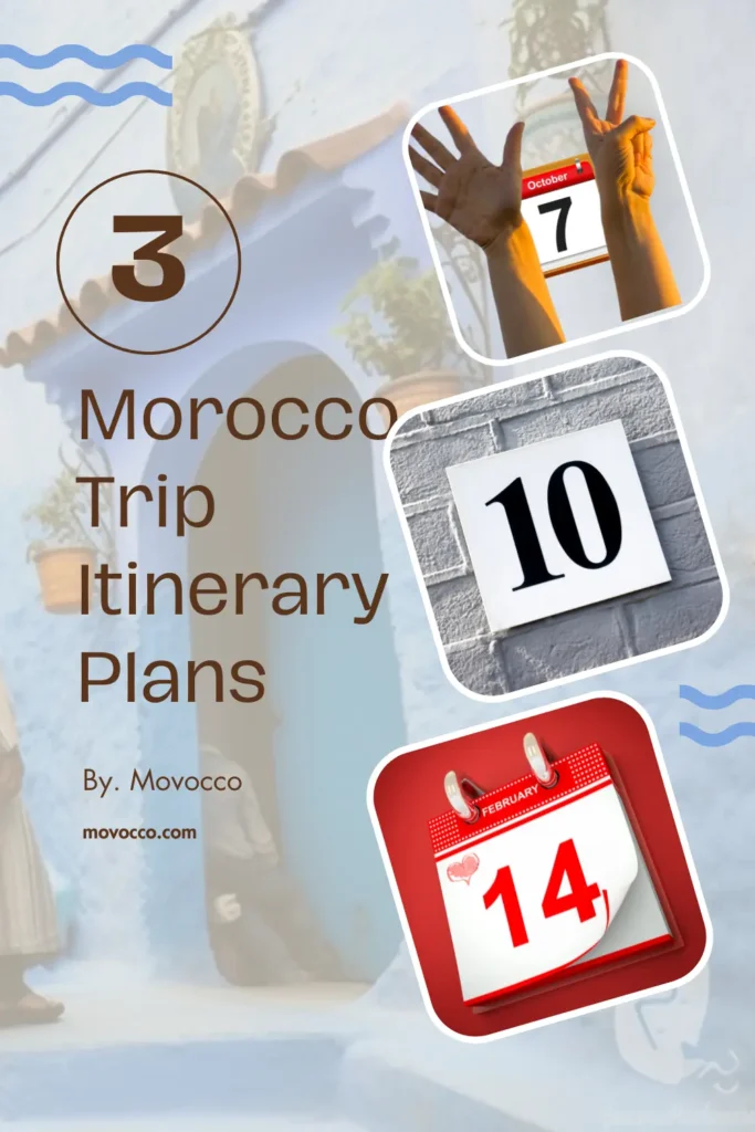 A visually engaging image for Morocco trip plans with the text: '3 Morocco Trip Itinerary Plans.' The background shows a typical Moroccan blue-washed building, with overlaid calendar images marking different days (October 7, a number 10, and February 14).