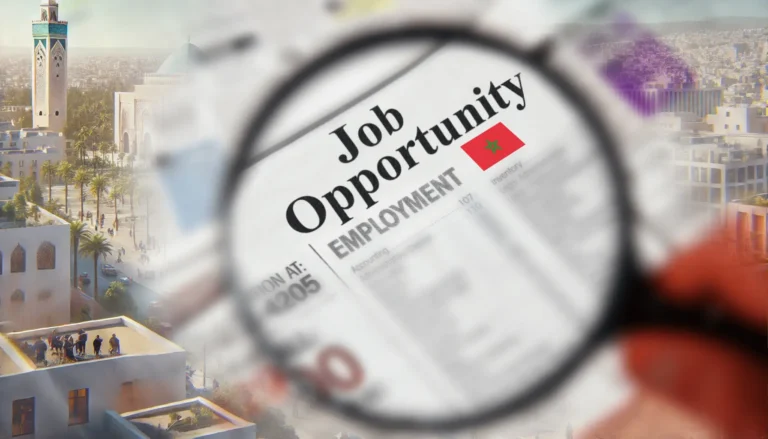 Magnifying glass focusing on a "Job Opportunity" newspaper with the Moroccan flag in the background, emphasizing career prospects in Morocco.