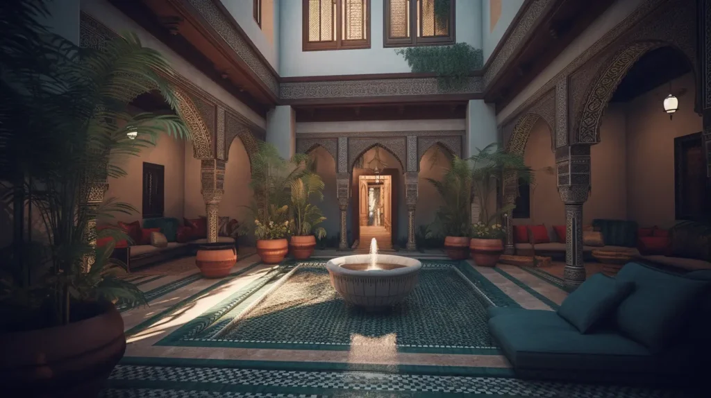 A luxury Moroccan riad courtyard with intricate tilework, a central fountain, and traditional seating surrounded by lush greenery.