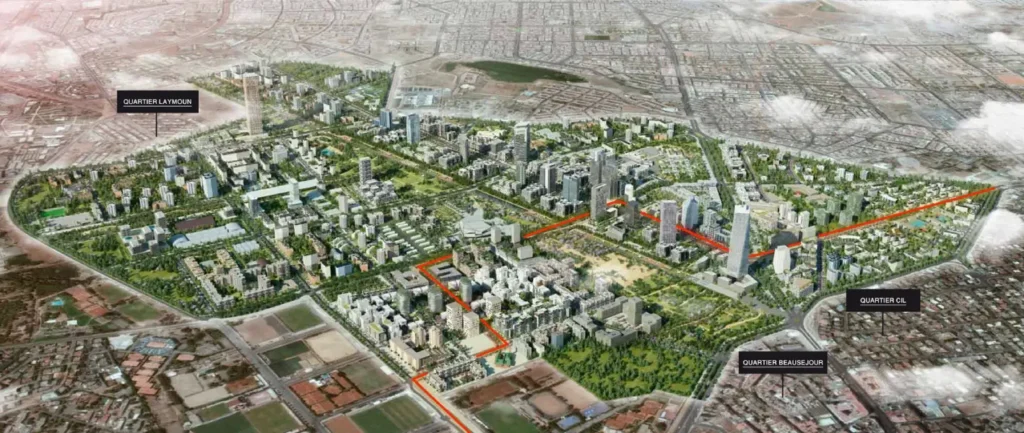 Aerial view of the Casablanca Anfa urban development project, showcasing modern skyscrapers, green spaces, and residential areas in Morocco's financial capital.