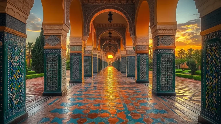 Stunning Moroccan architecture with traditional mosaic tilework and arches at sunset, showcasing Morocco's rich cultural heritage and artistic beauty.