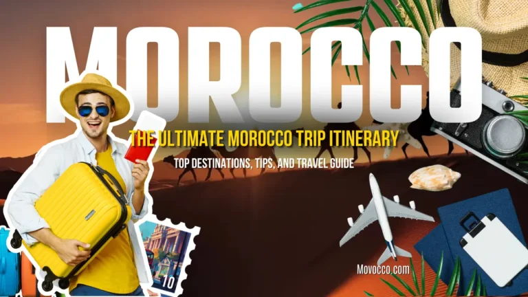 A promotional image for a Morocco travel guide. A cheerful traveler holding a passport and a yellow suitcase is featured with a background showing silhouettes of camels against a desert sunset. Text reads: 'MOROCCO - The Ultimate Morocco Trip Itinerary: Top Destinations, Tips, and Travel Guide.'