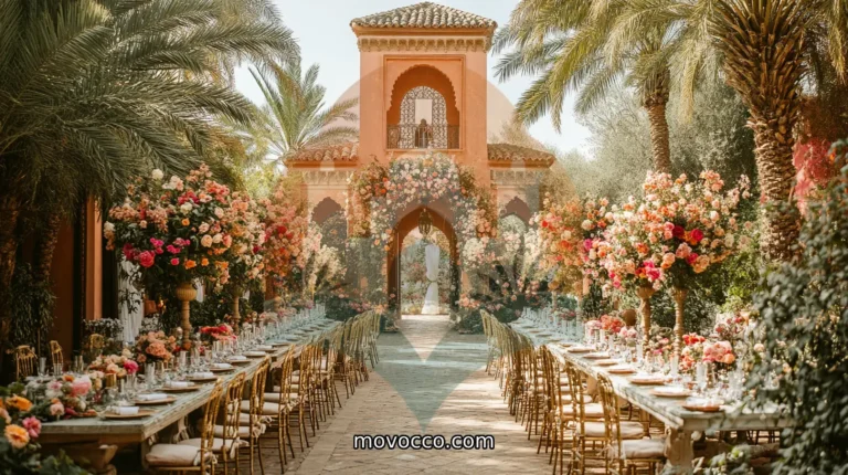 Elegant Moroccan outdoor wedding venue with palm trees, vibrant floral arrangements, and a beautifully decorated archway, set for a grand wedding celebration.