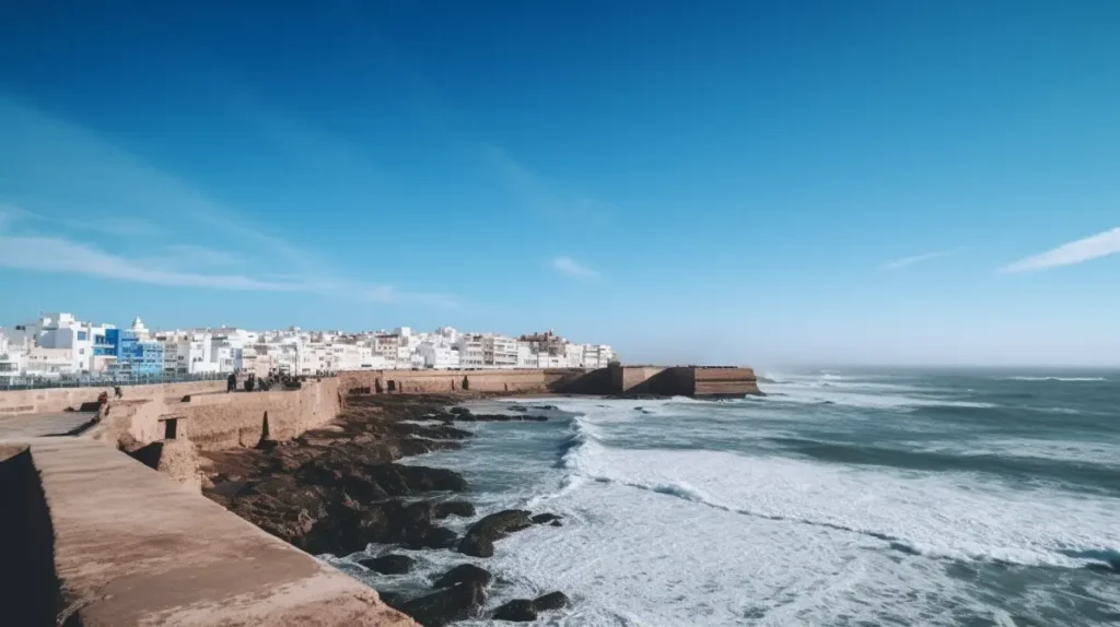 A wide-angle view of Essaouira's coastline, featuring the historic medina, Skala de la Kasbah with cannons, and waves crashing on the shore under a blue sky.