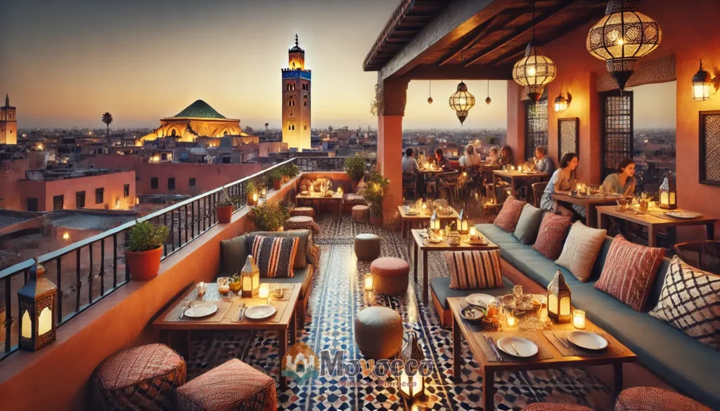 Cozy rooftop café in Marrakech with tables adorned in Moroccan decor overlooking the city skyline at twilight, with a view of the Koutoubia Mosque in the distance.