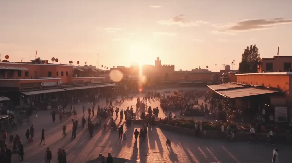 A panoramic view of Djemaa el-Fna Square in Marrakech at sunset, showcasing vibrant market stalls, street performers, and the Koutoubia Mosque in the background.