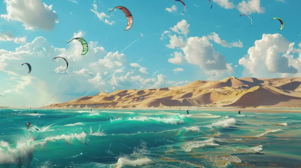 A scenic view of Dakhla’s lagoon with kite surfers on turquoise water, set against desert dunes and a clear blue sky.