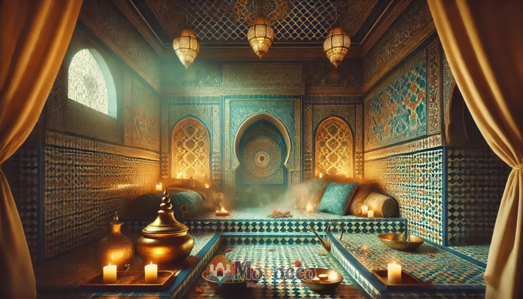 Serene interior of a Moroccan hammam with deep blue and green tiled walls, brass bowls, and rose petals, illuminated by warm candlelight for a relaxing, wellness-centered atmosphere.