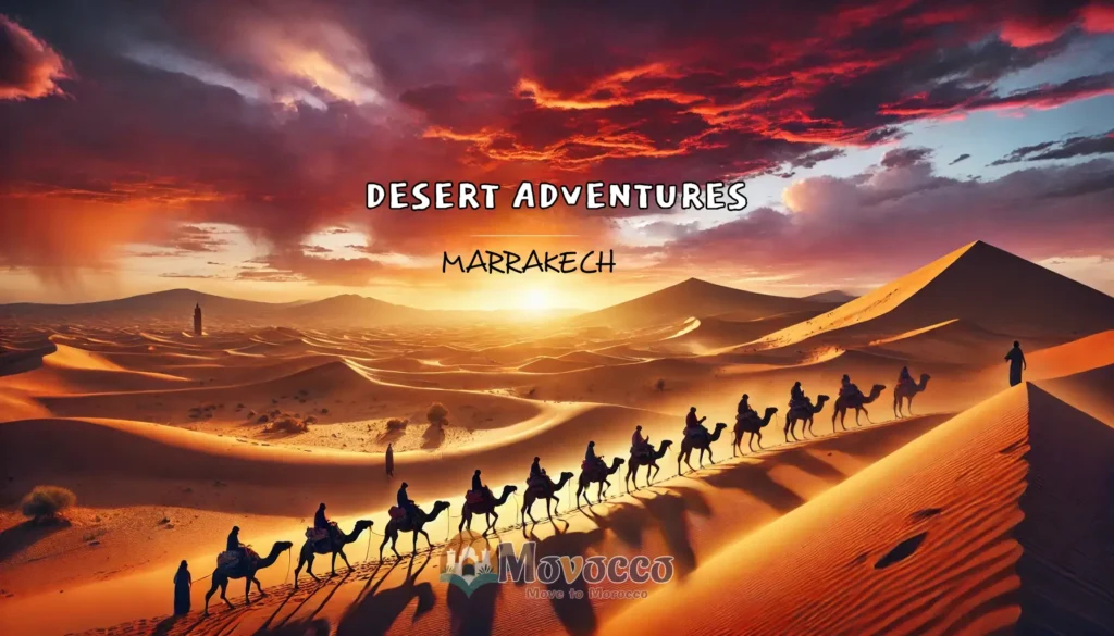 Panoramic view of the Agafay or Sahara Desert near Marrakech at sunset, with camel riders silhouetted against warm orange and purple skies over rolling desert dunes.