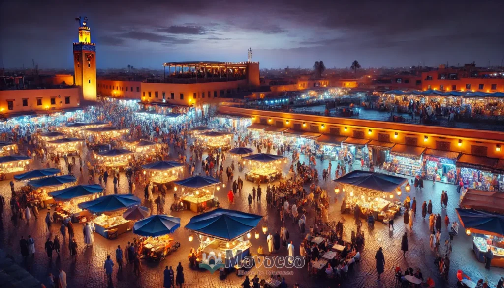 Night scene of Djemaa el-Fna Square in Marrakech with vibrant food stalls, street performers, and warm market lights set against a deep blue and purple night sky, with the Koutoubia Mosque in the background.