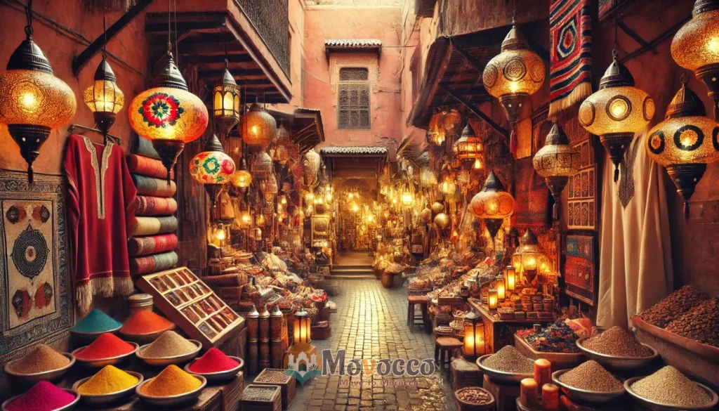 A vibrant alleyway in the Marrakech Medina filled with Moroccan lanterns, spices, handcrafted goods, and rich tones of red and gold, reflecting the lively market atmosphere.