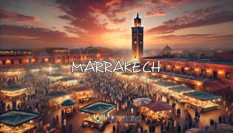 Panoramic sunset view of Djemaa el-Fna Square in Marrakech, showing a bustling scene with people, food stalls, and performers against a backdrop of the Koutoubia Mosque and warm sunset hues.