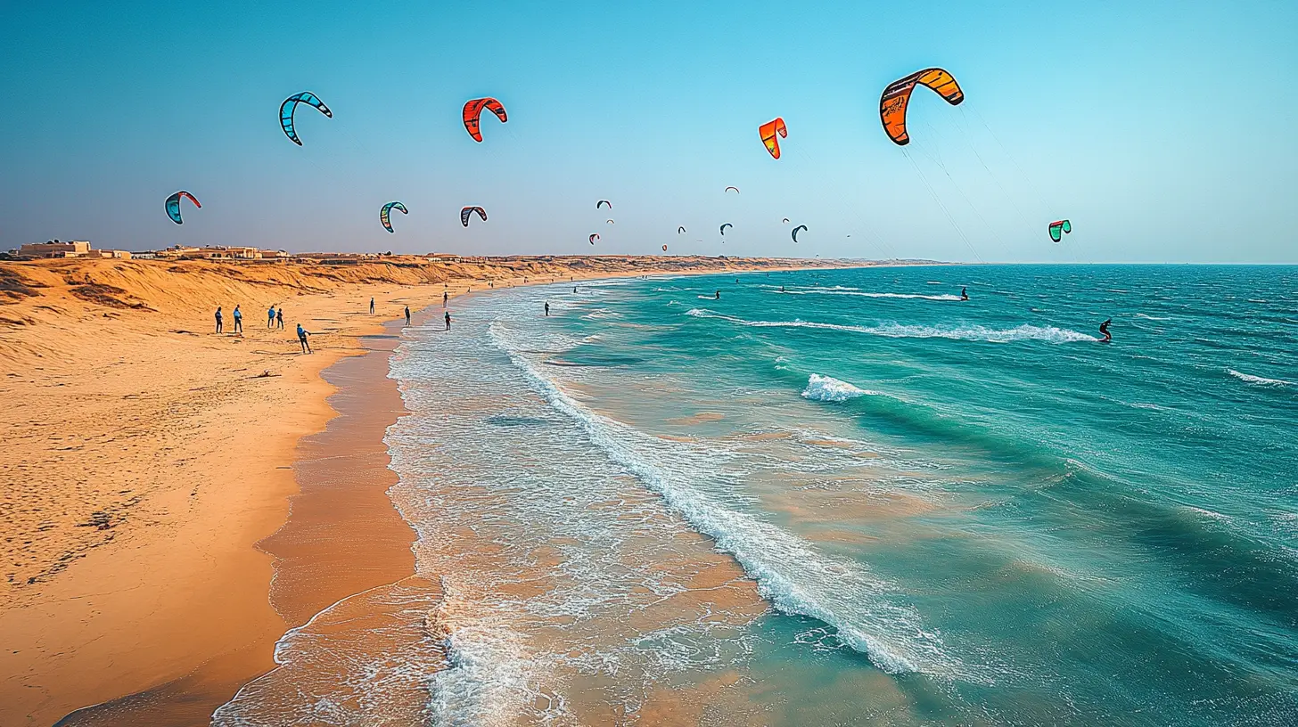 A vibrant beach in Morocco with kite surfers and kiteboarders riding the waves and colorful kites soaring in the clear blue sky, showcasing the perfect conditions for water sports along the Atlantic coast.