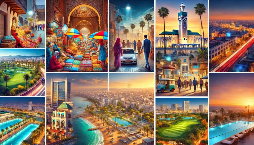 A collage of stunning visuals from Casablanca, featuring traditional Moroccan markets, the Hassan II Mosque, vibrant cityscapes, and beautiful coastline views.