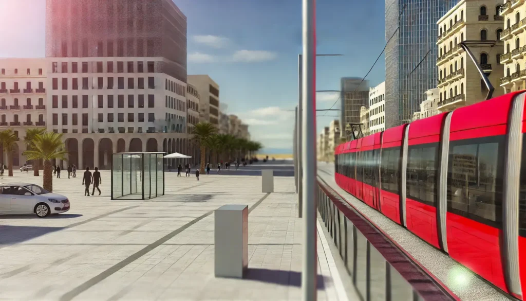 A modern tram moving through the streets of Casablanca, surrounded by contemporary architecture, palm-lined streets, and a bustling urban scene.