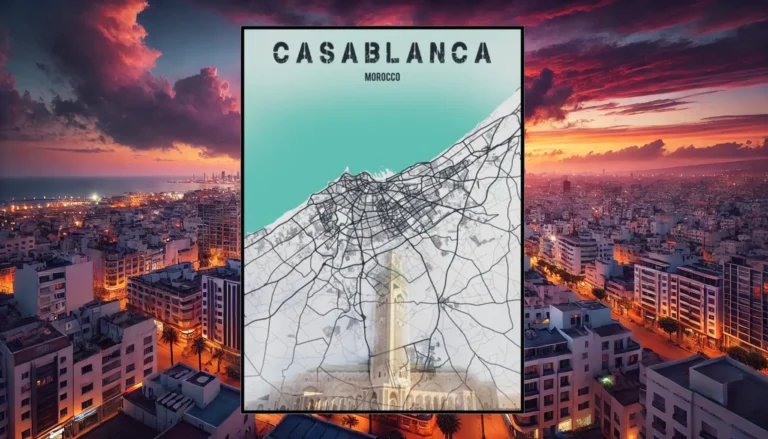 A vibrant map of Casablanca, Morocco, overlaying a scenic view of the city skyline at sunset, highlighting iconic locations like the Hassan II Mosque."