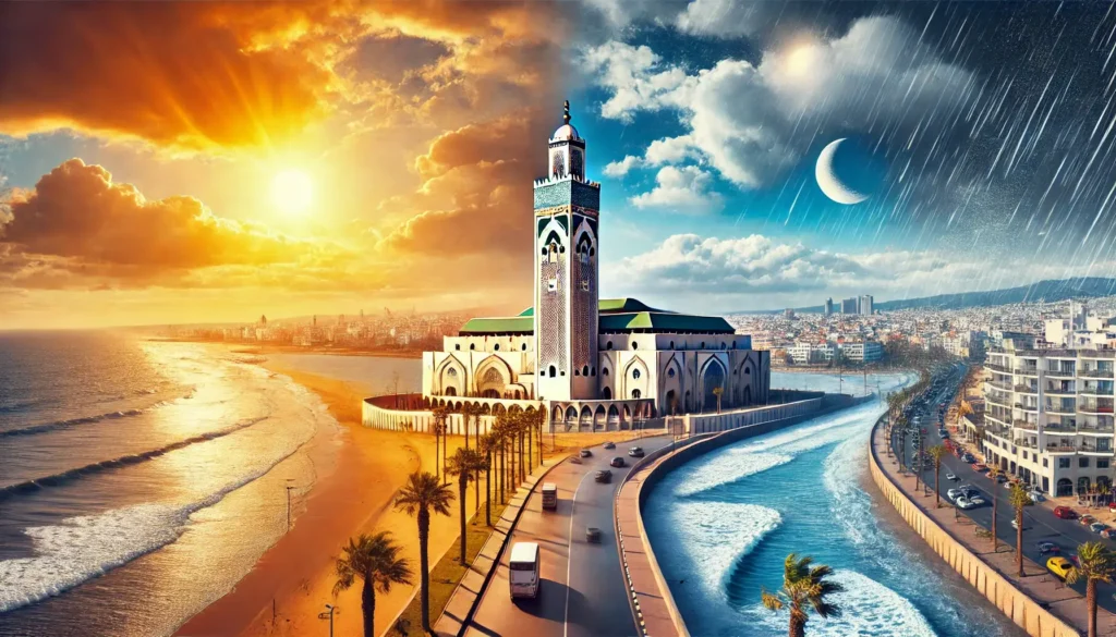 A breathtaking split-scene image of Casablanca's coastline and the Hassan II Mosque under contrasting weather conditions: sunny day and rainy evening.