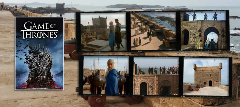 Panoramic view of Skala du Port in Essaouira, with the Atlantic Ocean in the background, a key filming location for Game of Thrones.