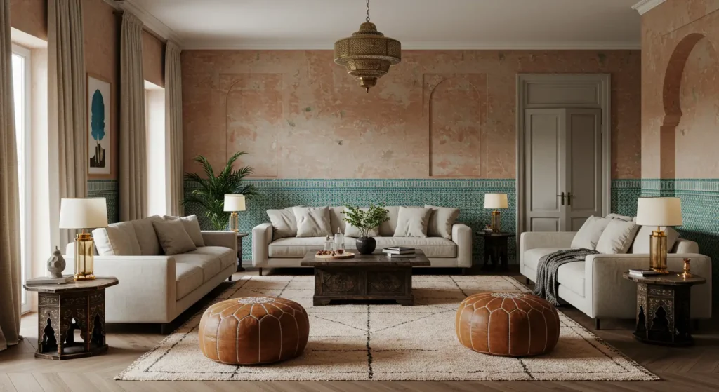 A contemporary living room infused with Moroccan design, featuring neutral-toned furniture, leather poufs, intricate wall tiles, and a traditional hanging lantern.