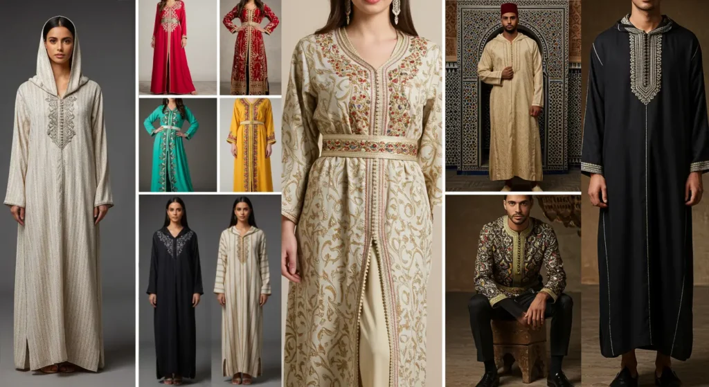 A collage of Moroccan traditional clothing, featuring embroidered kaftans and djellabas for men and women in various colours and intricate patterns.