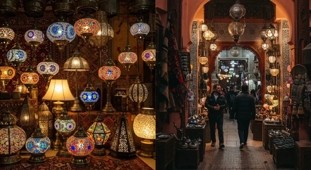 A vibrant display of colourful Moroccan lamps and lanterns with intricate glasswork and metal designs, illuminating a traditional store interior.