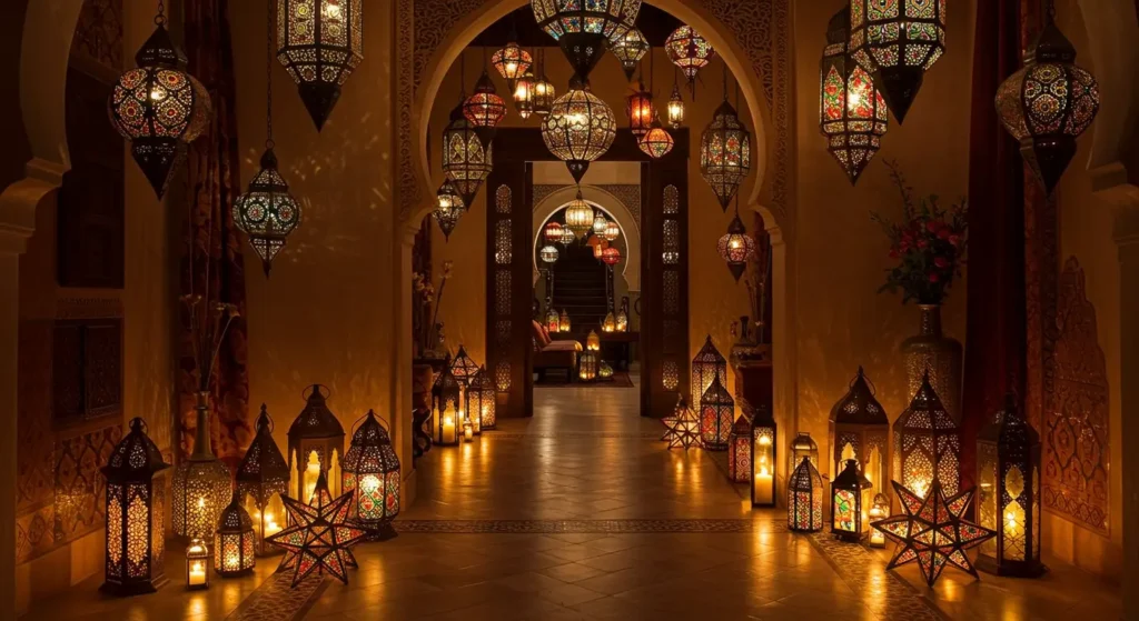 An atmospheric entryway adorned with glowing Moroccan lanterns, including star-shaped candle lanterns, creating a magical and warm ambience.