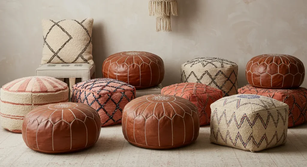 A collection of Moroccan poufs in leather and woven designs, arranged on a neutral-toned floor with decorative pillows in the background.