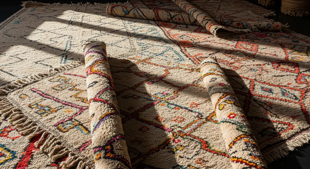 Moroccan handmade rugs with intricate geometric patterns and vibrant colours, rolled and displayed under natural light on a wooden floor.