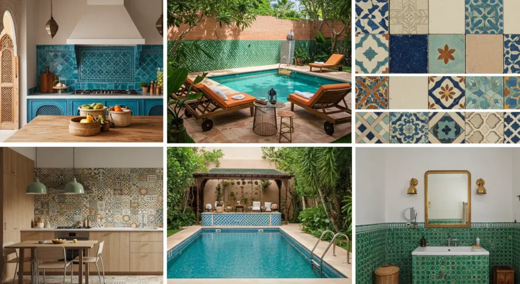 A collage of Moroccan-inspired designs, including zellige tile patterns, vibrant swimming pool scenes, rustic kitchens, and green bathroom tiles showcasing traditional Moroccan craftsmanship.