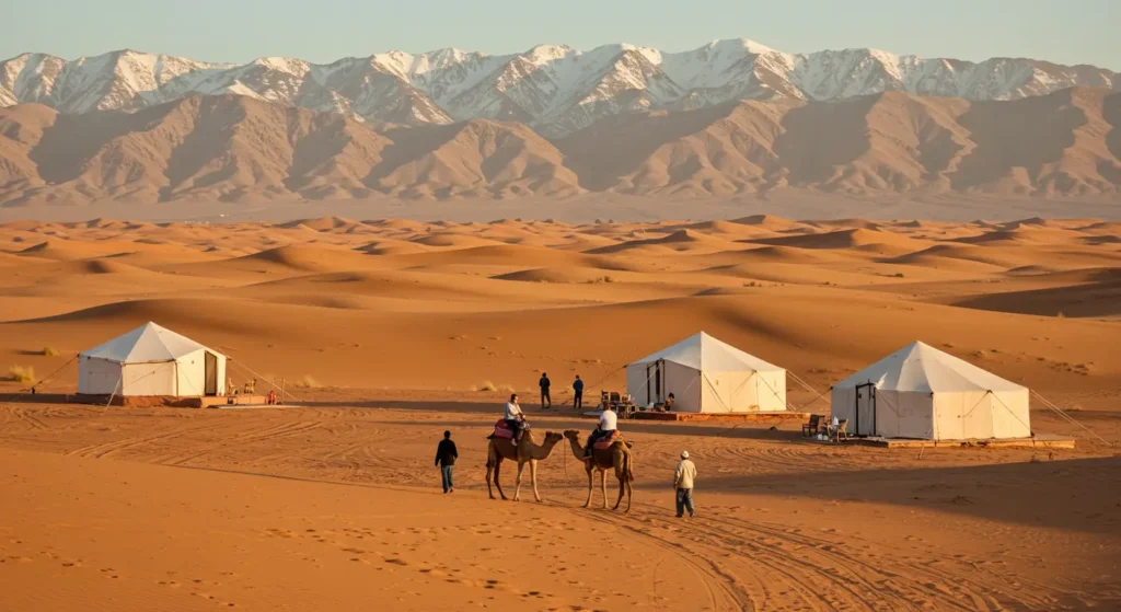 Scenic view of the Agafay Desert featuring white tents of an Agafay luxury camp, camel riders, and people walking on golden sand dunes with snow-capped mountains in the background under a clear sky