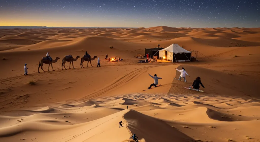 Luxury desert camp with camels and visitors sandboarding at sunset in the Erg Chebbi dunes, Sahara Desert, Morocco