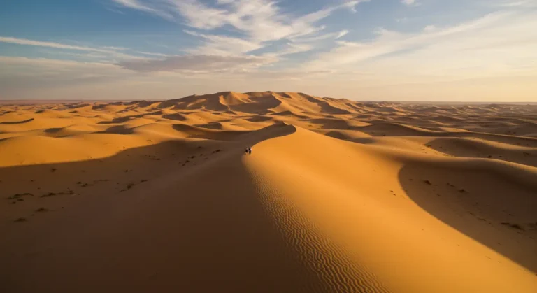 Expansive golden sand dunes in the Erg Chebbi region of the Sahara Desert, Morocco, under a dramatic sky