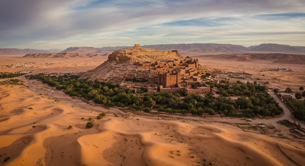 Aerial view of Aït Benhaddou, a UNESCO World Heritage Site and ancient ksar near Ouarzazate, Morocco, surrounded by desert landscapes.