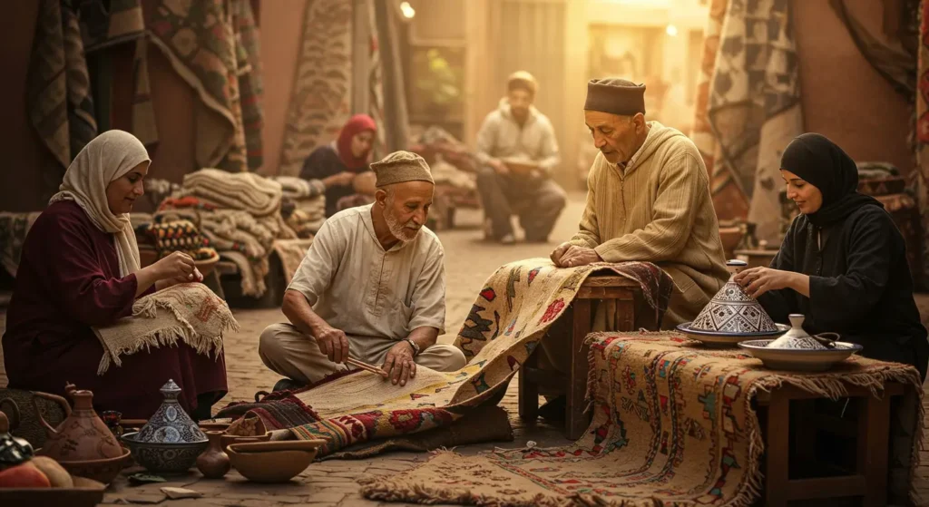 Artisans creating Moroccan rugs and crafts in a sunlit marketplace, highlighting traditional handmade artistry with wool, ceramics, and leather.