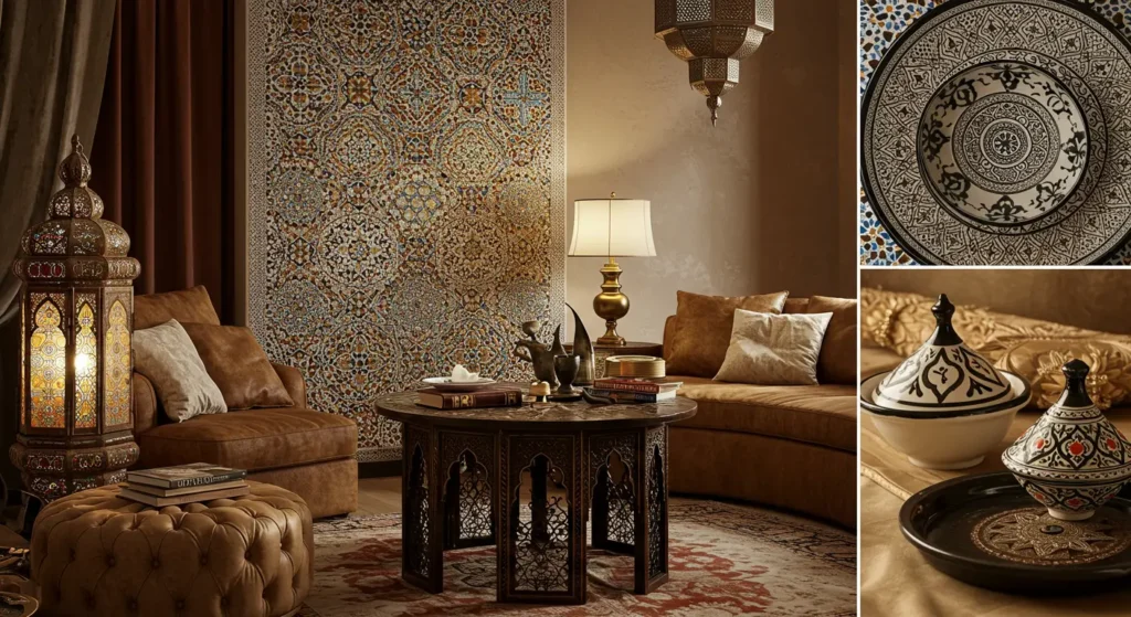 A luxurious living space adorned with Moroccan elements such as an intricately designed wall tapestry, a traditional lantern, patterned ceramic plates, and a carved wooden table.