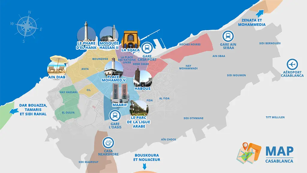 A detailed map of Casablanca, Morocco, showcasing key attractions such as the Hassan II Mosque, Ain Diab, and Place Mohammed V, with surrounding neighborhoods labeled.