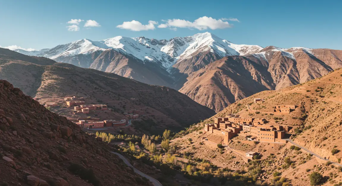 Stunning view of the Atlas Mountains in Morocco, showcasing snow-capped peaks, traditional Berber villages, and scenic valleys under a clear blue sky